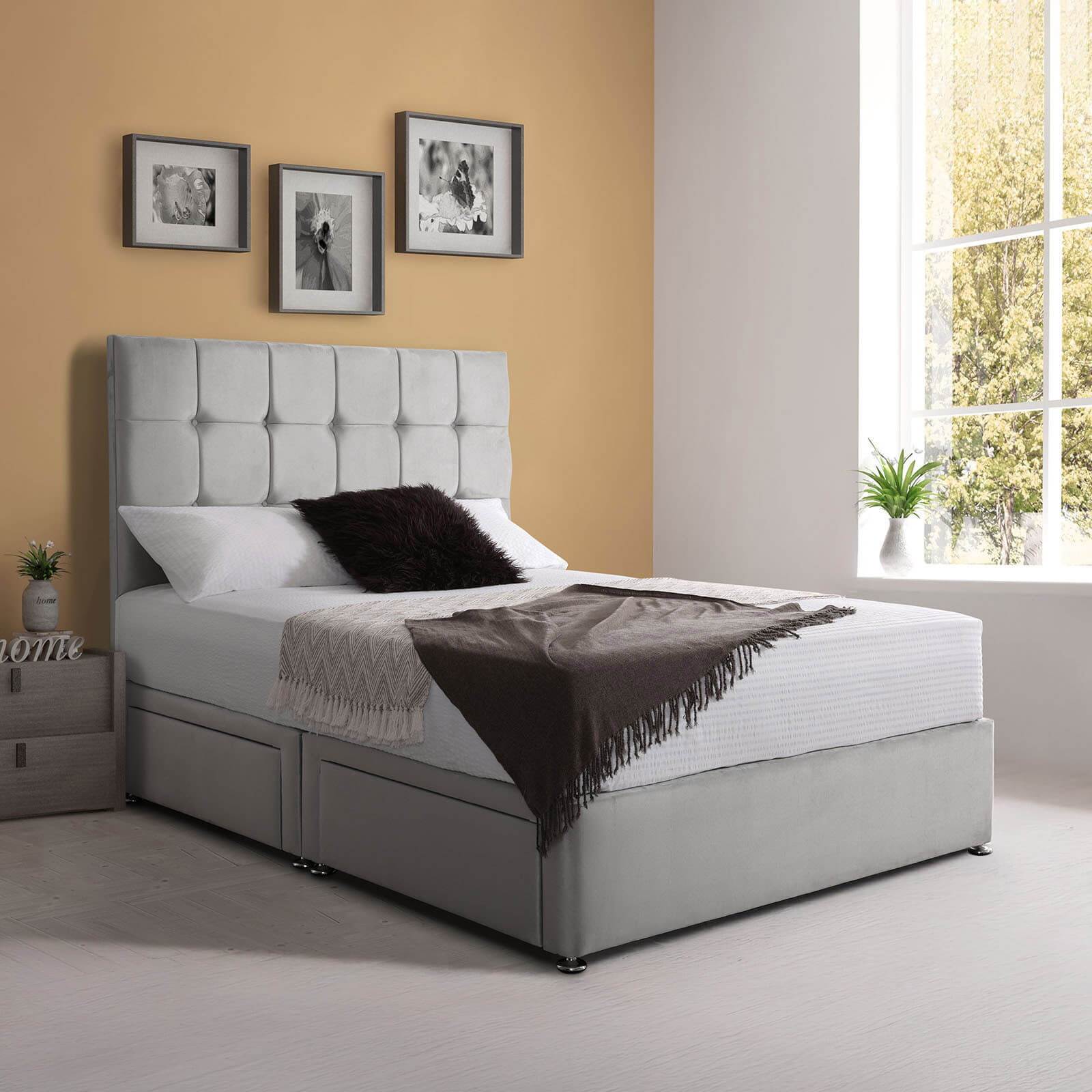 Padded Luxury Divan Bed & Cube Headboard