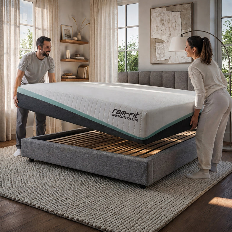 A couple relaxes in bed on a gray upholstered platform bed with white bedding and a visible mattress. The room is bright and modern with a white rug, bedside lamp, wall art, and a plant.